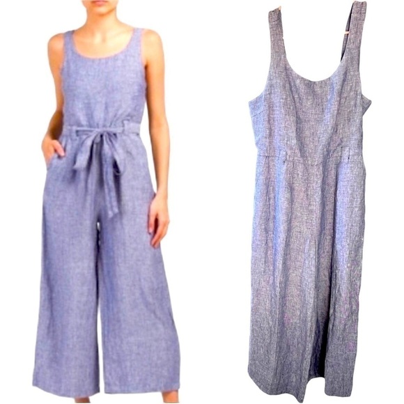 St. Tropez Pants - St Tropez West Linen Chambray Jumpsuit Cropped Wide Leg Denim Blue Pockets Sz 2